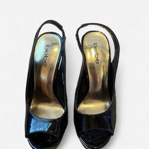Bebe Glossy Black Slingback Heels